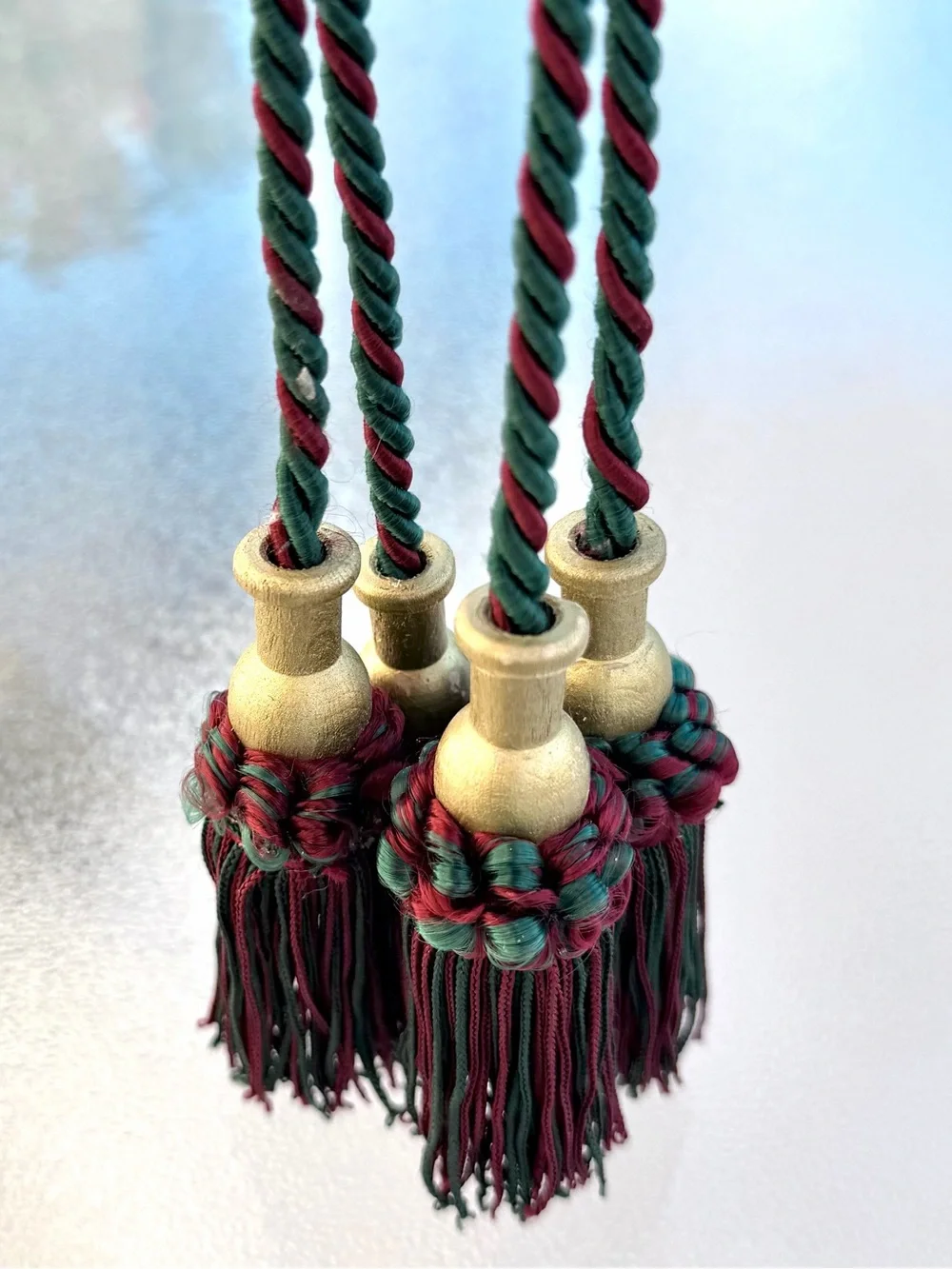 Hunter Green and Maroon Twisted Cord Tassels Drapery Tiebacks ~ 2-Piece Set